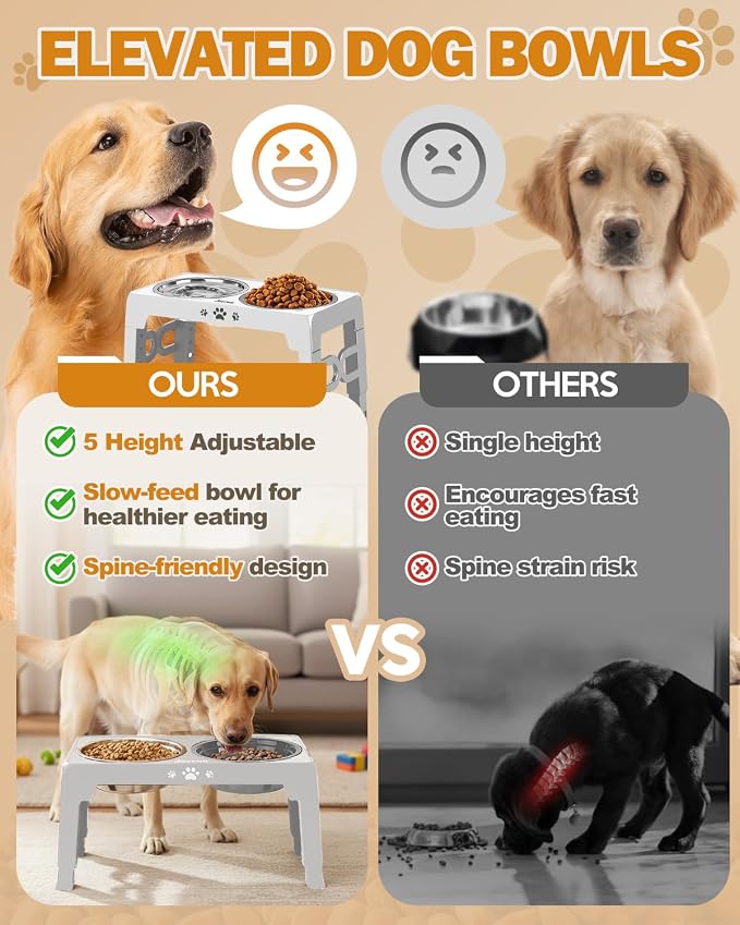 Jovrun Elevated Dog Bowls for Medium Large Dogs with Mat, Non-Slip Dog Feeder with 1*Stainless Steel Dishes & 1*Slow Feeder Bowl, 5 Heights Adjustable Raised Bowls for 3.15″-8.66″-9.84″-11.02″-12.2″