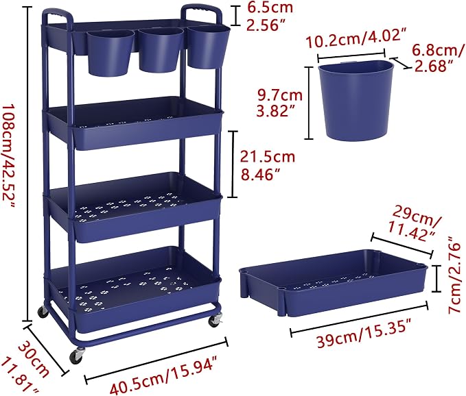 4-Tier Plastic Rolling Storage Cart Utility Cart Blue | Utility Cart with Extra Hanging Cups Arc-Shaped Handles Lockable Wheels for Living Room Bathroom Kitchen Office