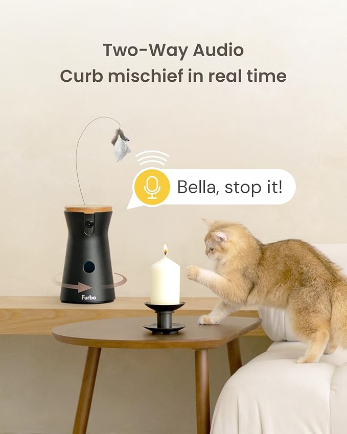 Furbo 360° Cat Camera [No Monthly Fee] | 360° Rotating Live View, Meowing Alerts, Treat Toss, 2-Way Audio, Night Vision, Smart Home Kitten Monitoring, No AI Alerts