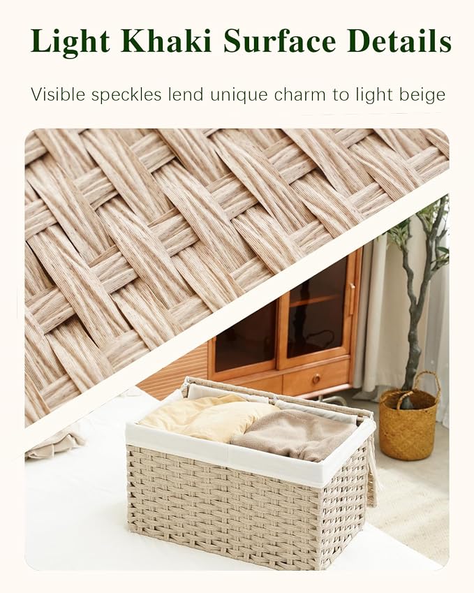 SETVSON Storage Basket with Lid, PE Rattan Storage Bin Light Khaki | Decorative PE Rattan Furniture Look for Bedroom, 2 Separate Lids, 2 Liners with Divider for Apparel & Essentials