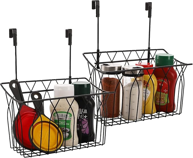 TOPZEA 2 Pack Grid Storage Baskets with Hooks, Metal Hanging Wire Basket Kitchen Over the Cabinet Door Organizer Caddy for Cutting Board, Kitchen Wrap, Foil, Cleaning Supplies, Bakeware, Towel