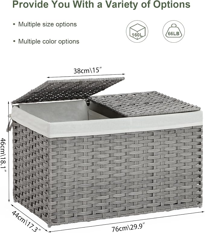 SETVSON Storage Basket with Lid Wicker Baskets for Storage, 160L Gray | Dual Lid Jumbo Blanket Storage Trunk, Divided Clothes Organizer, 2 Washable Liner Bags, Collapsible PE Rattan Bin