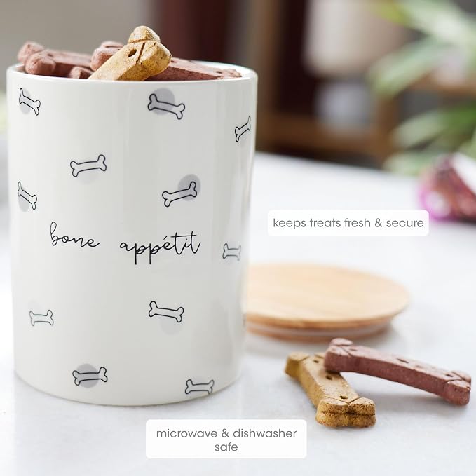 Pearhead Bone Appétit Ceramic Dog Treat Jar with Airtight Wooden Lid–Cute & Stylish Pet Treat Canister Keeps Dog Snacks Fresh–Durable,Easy-to-Clean Design,Kitchen Counter Décor,4 Cup/32 oz (Pack of 6)