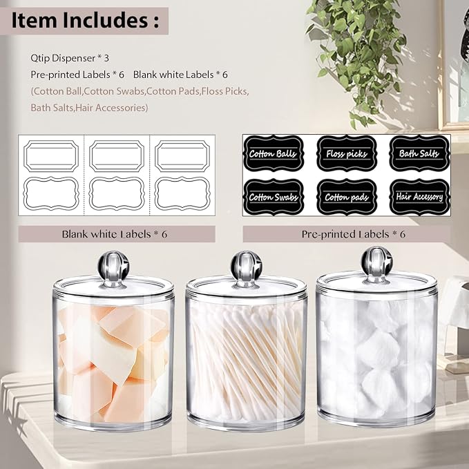 SheeChung 3 Pack Acrylic Qtip Holder with Labels, Qtip Jars for Bathroom | Shatterproof Plastic Apothecary Jars for Bathroom Organization – Vanity Cotton Swab Holder for Cotton Balls,Pads,Floss Picks