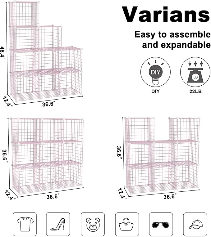 C&AHOME Wire Cube Storage, 9 - Cube Organizer Metal C Grids, Shelves, Pink | Modular Shelves Units, Closet Organizer, Storage Bins Shelving, Ideal for Home, Office, Living Room