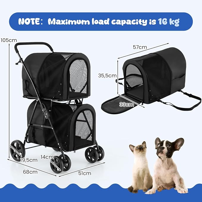 Dog Stroller with 2 Detachable Carrier, Pet Stroller for Small Medium Dogs Cats, Jogger/Travel/Camping, 4-in-1 Doggy Pet Carrier, Carrier Strolling Cart with Lockable Wheels (Black)