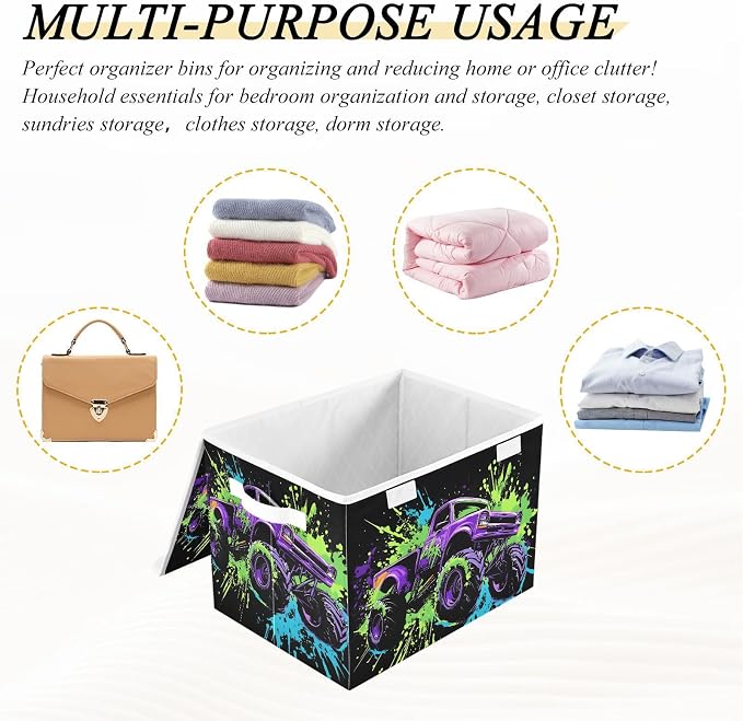 Fabric Storage Bins with Lid Monster Truck Closet Storage Basket 40L | Decorative Storage Boxes, 300D Oxford Cloth, Hollow Board Frame, Flip Top Velcro Lid, 16.5x12.6x11.8 inch, Collapsible Design