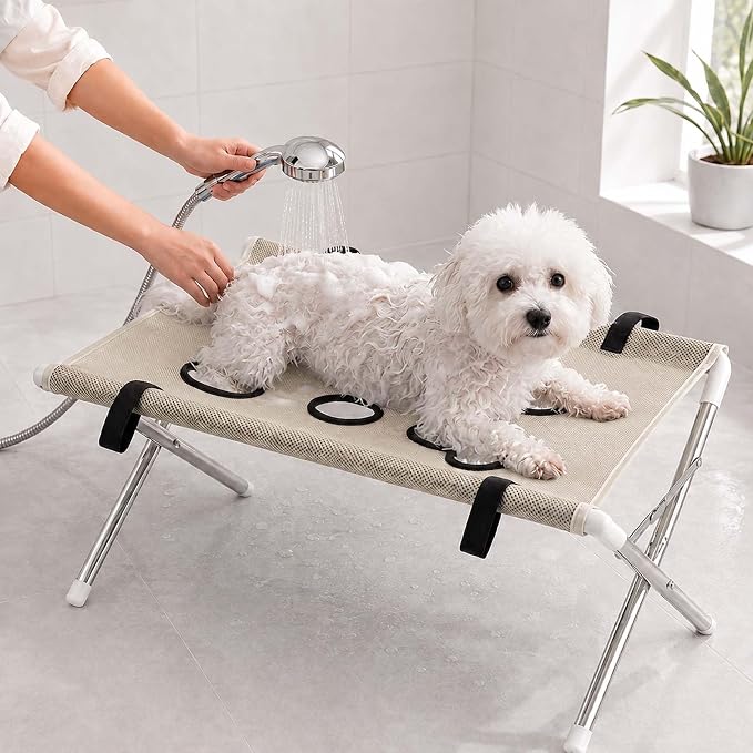 Foldable Pet Bathing Stand, Portable Dog Grooming Rack for Home Care (Grey) | Quick Dry Mesh Grooming Table with Stable Anti-Slip Design for Small Medium Dogs & Cats, Nail Trimming and Bath Care