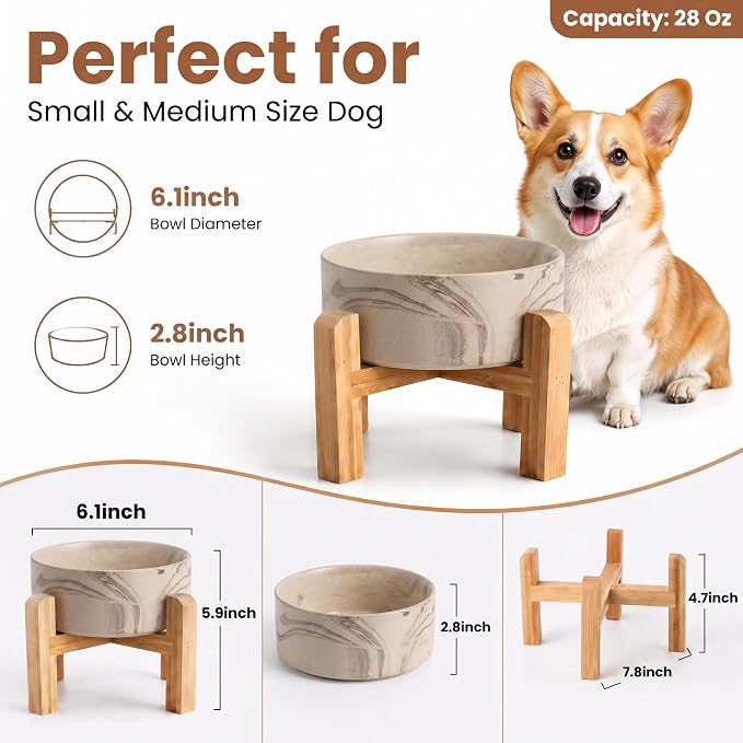 hjn Elevated Ceramic Dog Bowl with Bamboo Stand, Raised Pet Feeding Station for Small Medium Dogs Cats, Modern Design with Anti-Slip Base (Marble Brown, 3.6Cup)