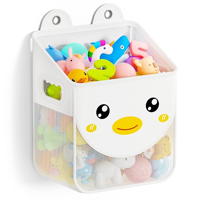 Ligereza Quick Fetch Way Bath Toy Storage, Cute Mesh Bath Toy Organizer, Large Capacity and Large Opening Baby Bathtub Toy Holder for Tub, Multipurpose Mesh Shower Bag (White)