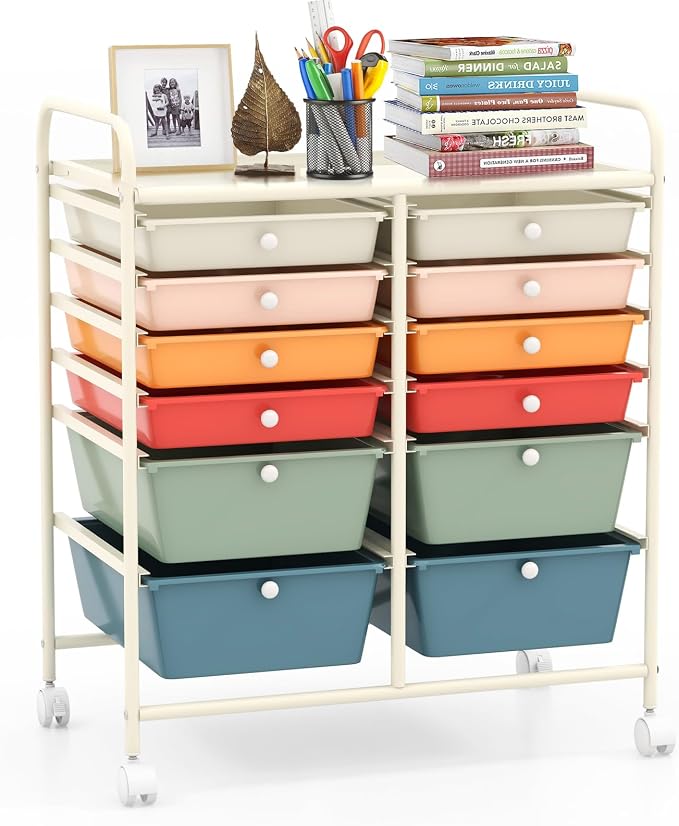 12 Drawer Rolling Storage Cart, Art Cart Organizer on Wheels, Mobile Utility Cart with Drawers, Multipurpose Craft Drawers for Home Office School Classroom (Macaron)