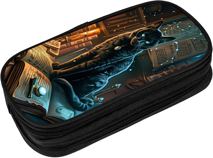 Cute Black Cat Pencil Pouch, Oxford Cloth Pen Case With Double Zipper Compartments, Portable Stationery Organizer For Office Supplies, Travel Accessories Makeup Items