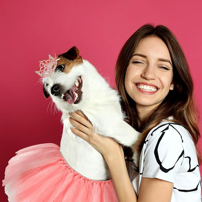 2 Pcs Dog Crown Headband Dog Tutu Dress Set Crystal Rhinestone Tiara Crown Tutu Skirt Pet Dress Costume for Puppy Birthday Party Wedding Photo Prop Costume