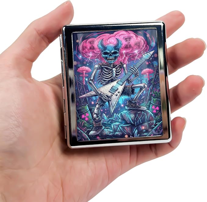 Weekly Pill Organizer, Metal Pill Box with 8 Compartments, Small Travel Pill Case for Purse Pocket, Medicine Vitamin Supplement Organizer (Rock Skeleton)