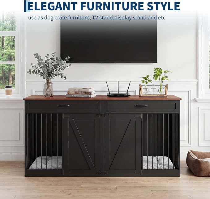 71'' Double Dog Crate Furniture for 2 Dogs, Dog Crate with 2 Drawer | Farmhouse Dog Crate TV Stand with Removable Divider Dog Kennel Furniture, Heavy Duty Dog Cage and TV Stand for Large Mediu