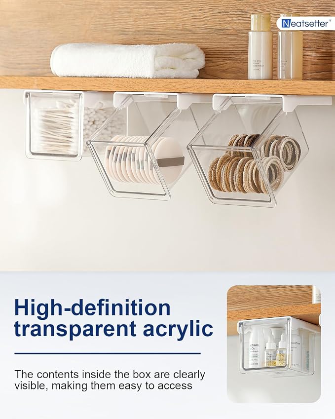 Hanging Cabinet Organizer – 33° Tilted Under Desk Drawer & Bathroom Storage – Self-Adhesive Clear Pull-Out Bins for Kitchen, Office & Vanity (Small)