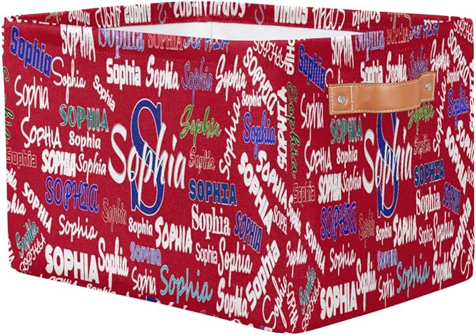 Personalized Storage Basket with Name, Rectangle Toys Storage Bin with Handles for Baby, Boys, Girls, Collapsible Basket for Clothes, Books, Solid Red Color