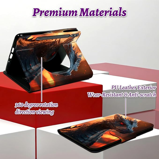 Rotating Handle Case for Samsung Galaxy Tab S6 Lite 10.4" 2024/2022/2020, 360 Degree Swivel Kickstand with Magnetic Closure Shockproof Leather Cover for Women Men, Red Eyed Dragon