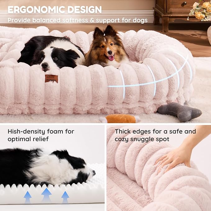 ChiXnuggle Orthopedic Human Dog Bed,Striped Faux Fur Washable Cover,Blanket | pink,72*40*10,giant dog bed for adult or extra large dogs,egg crate foam,non-slip bottom