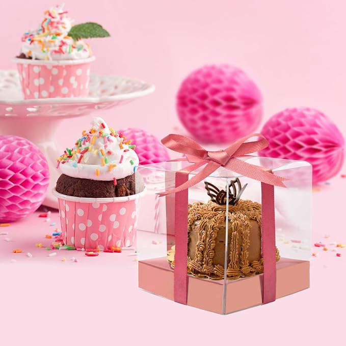 12 PCS Clear Cupcake Boxes 3.5 Inch Cupcake Containers (Rose gold) | Disposable Cupcake Carrier Plastic Individual Cupcake Storage Holder with Ribbons and Inserts for Wedding, Birthday Party