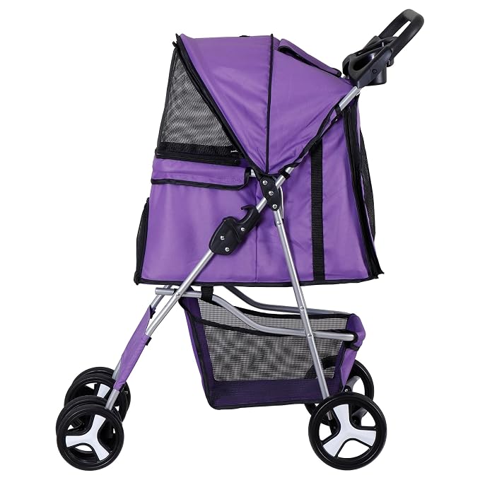 Pet Stroller for Medium Small Dogs - Easy to Walk Folding Travel Carrier Strolling Cart with Cup Holder, Weather Cover and Storage Basket (Purple)