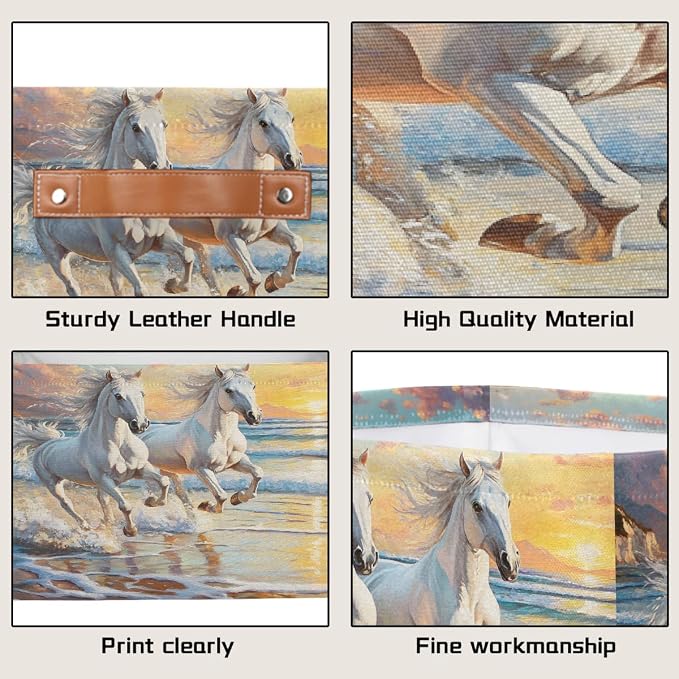 Storage Baskets Bin, Animal Running Horse Beach Collapsible Canvas Fabric Storage Bin Decorative Baskets Toy Organizer Rectangle Storage Boxes with Handles for Home Shelves Nursery,1Pack,A-478