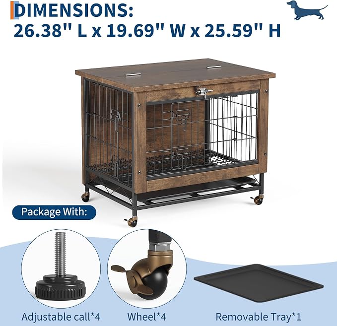 Rustic Brown with Dog Crate Furniture with Wheels, Easy Mobility & Secure Placement, Dual Doors & Top-Opening Access, Cleaning & Comfort, Multi-Functional & Space-Saving Design