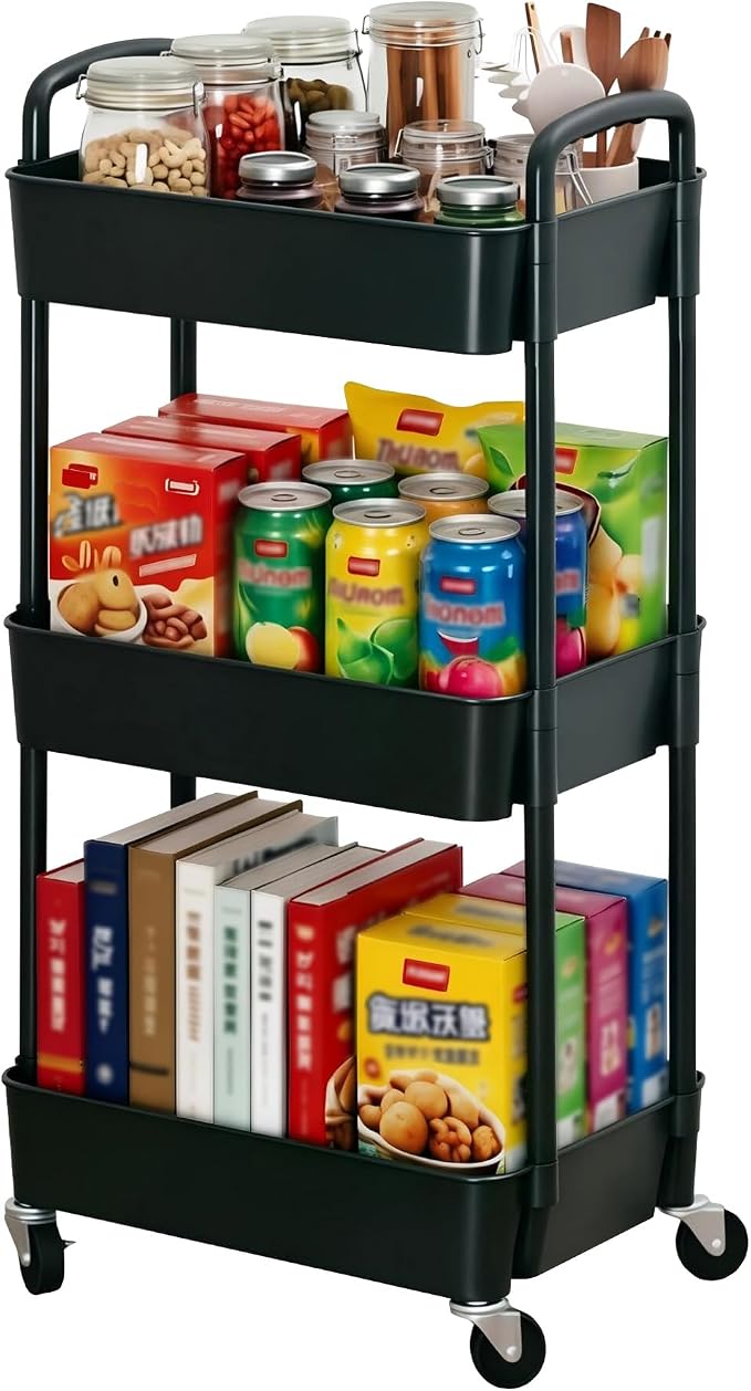 Sywhitta 3-Tier Plastic Rolling Utility Cart with Wheels for Storage,Black | Multi-Functional Storage Trolley, for Office, Living Room, Kitchen, Bathroom,Movable Organizer,Space-Saving,Easy to assemble