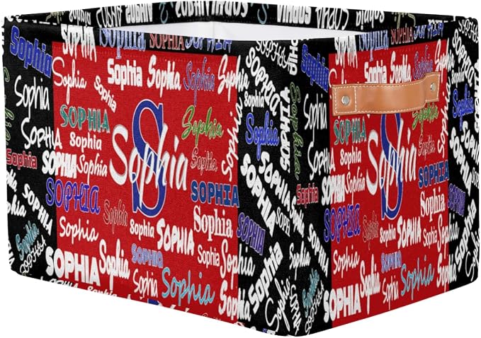 Personalized Name Storage Basket Handles, Canvas Storage Bins Toys Clothes Organizer for Bedroom, Kitchen, Bathroom, Nursery, Shelves, Closets, Black with Red Color