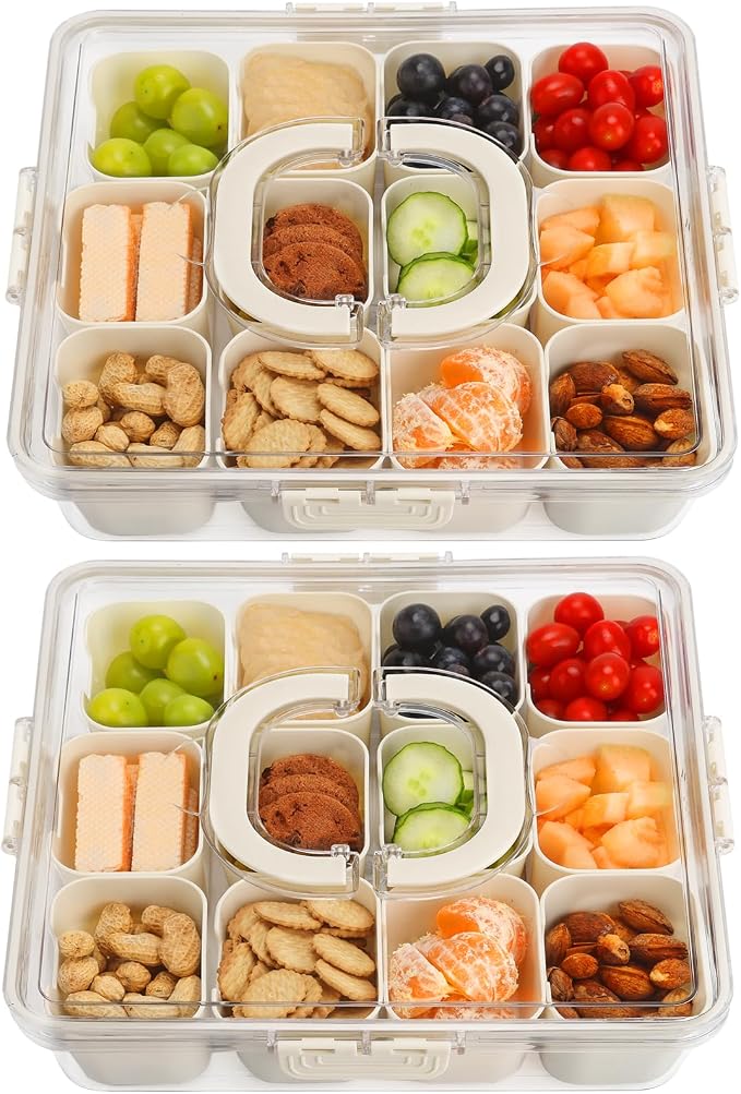 Large Snackle Box Snack Containers with Lids, 2 Pcs Divided Serving Tray | Portable Snack Platter Fruit Veggie Tray Snackele Box Container for Charcuterie, Party, Snack, Nuts, Beach, Travel, Picnic