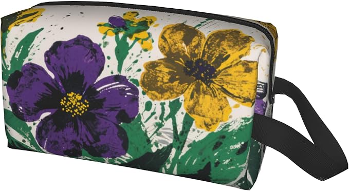 Purple & Yellow Floral Makeup Bag - Durable 600D Oxford Fabric Travel Cosmetic Bag, Shockproof Foam Padded Toiletry Organizer for Gym & Daily Use 10x6.2x4.9 Inch
