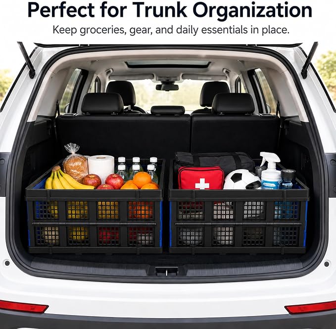 49L Collapsible Storage Crate, Stackable, Blue, 1 Pack | Heavy-duty foldable utility bins for trunks, garages, groceries, camping and moving; fold flat to 2.6 in.