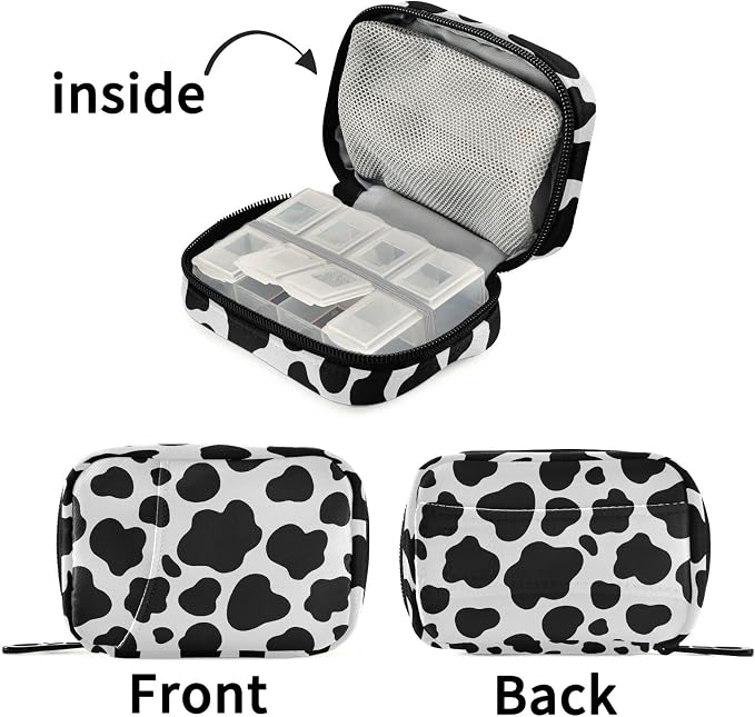 Cow Print Pill Case, Weekly Portable Pill Bag Container 7 Days Pill Box Organizer Vitamin Supplement Holder with Zipper for Travel Family Business