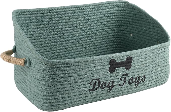 Dog Toy Basket-100% Cotton Rope Dog Toy Bin for Living Room Area-Trapezoid Pet Toys Box with Sturdy Handle-Puppy Bed-Dog Stuff Organizer for Pet Toys,Collar,Leash,Blanket-Chew Proof -Green