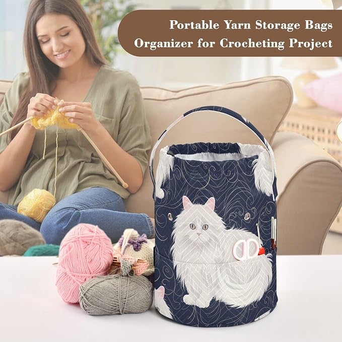 Fustylead Cute White Persian Cat on Dark Background Large Yarn Storage Tote Basket, Knitting Crochet Drawstring Organizer Bag for Crocheting Project, Yarn Balls, Needles Accessories