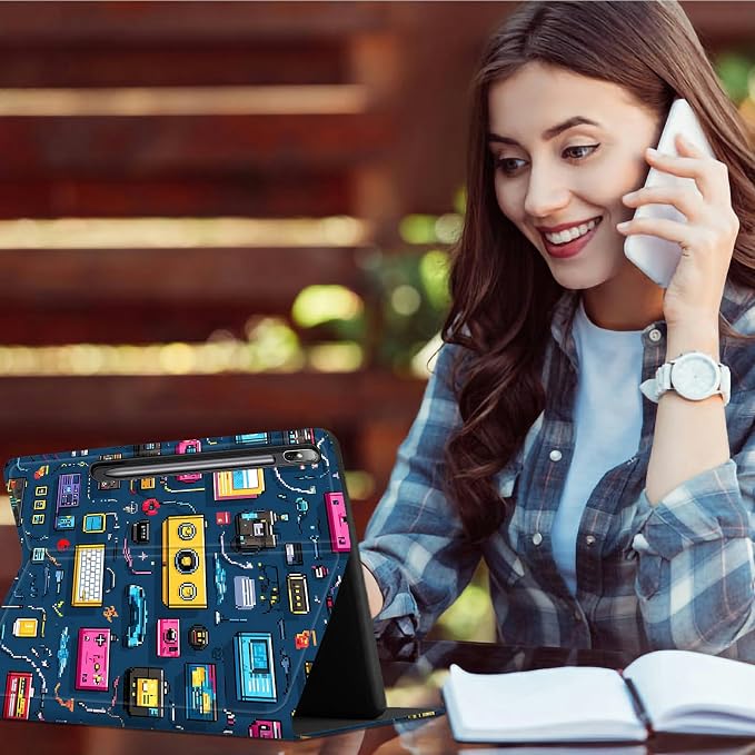 Case for Samsung Galaxy Tab S8 Plus 2022/S7 FE 2021/S7 Plus 2020 12.4" | Slim Leather Smart Cover with Multi-Angle Anti-Slip Stand [Auto Wake/Sleep] Shell for Women Men, Retro Radio