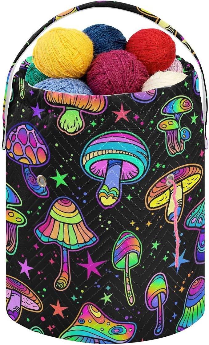 Fustylead Colorful Psychedelic Mushrooms Yarn Knitting Crochet Drawstring Bag with Customized Front Compartment, Portable Large Storage Basket for Crocheting Project, Kit, Yarn Ball, Needles