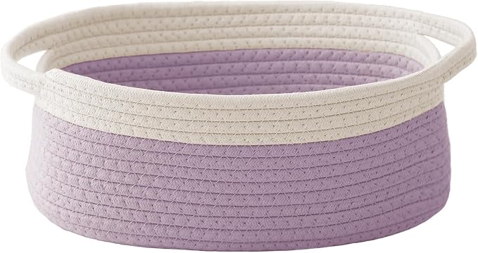 JMvicyroam Small Woven Basket, Empty Gift Basket, White&Purple/1 Pack | Small Gift Basket, Cotton Rope, 12 x 8 x 54 in, Handles, Includes Ribbon and Bag, Birthday Gift Basket
