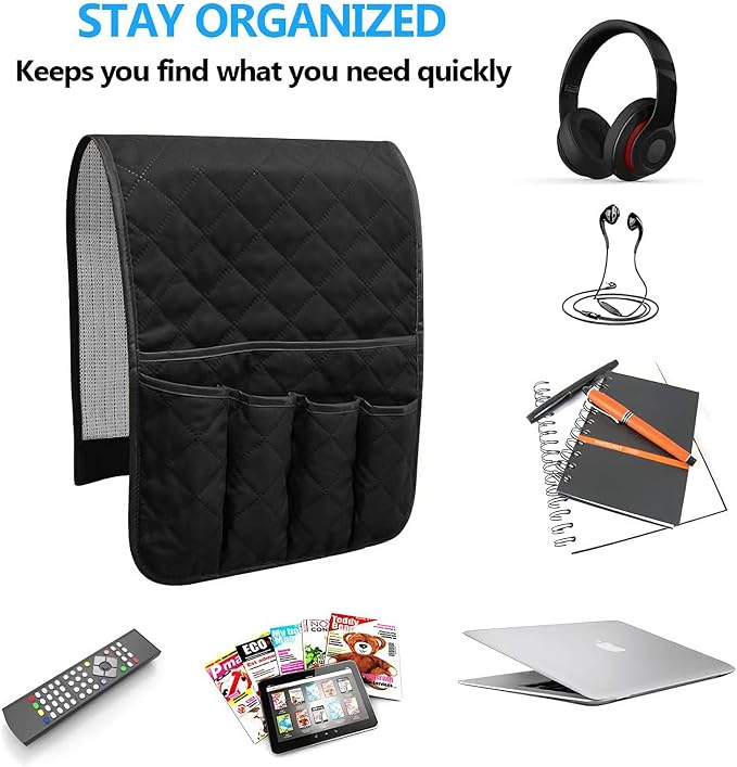 Armchair Caddy for Recliner, Non Slip Sofa Arm Organizer, Black | 5-Pocket Recliner Armrest Organizer, Couch Side Storage Holder for Remotes, Cell Phone, Magazines & Tablets, Machine Washable