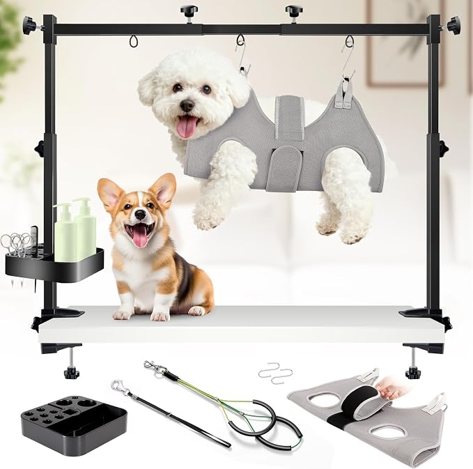 LanBlu Adjustable Dog Grooming Arm for Table, Grooming Table for Small Dog | Dog Grooming Arm For Small Dogs Under 79Lbs，Adjustable Height 35" & Widith From 32"to 47"，A Hammock & A Organizer Included