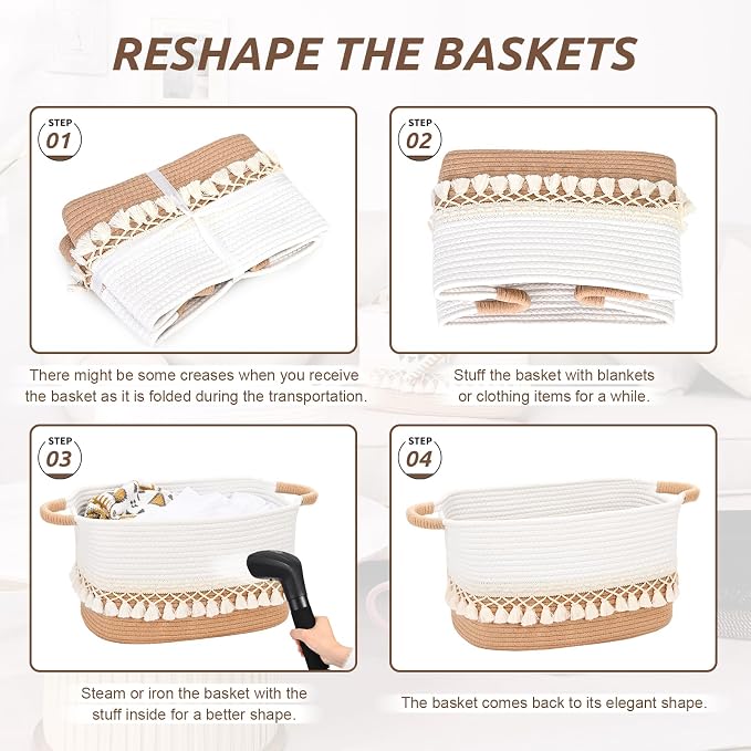 3 Pack Storage Basket for Shelves, Boho Cotton Rope Storage Bins with Heavy Tassel, Shelf Baskets Large Woven Baskets for Organizing, Cube Organizer Bins, Baby Laundry Basket for Clothes, Toys, Pets