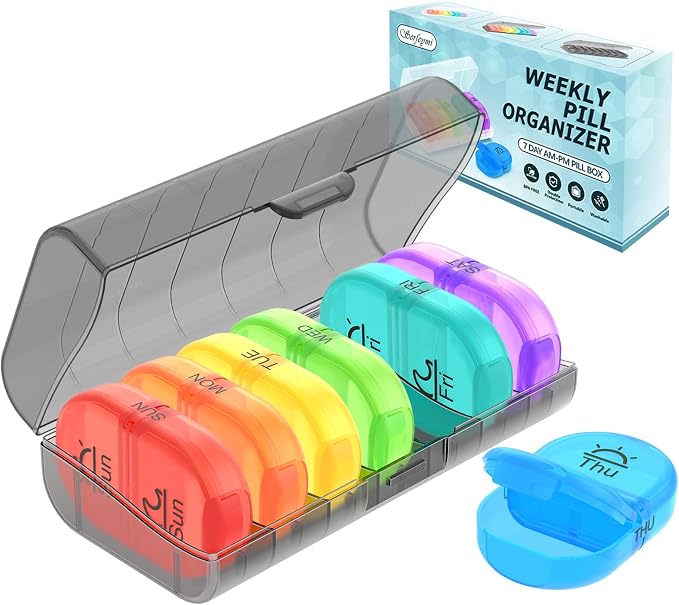 Serfeymi Weekly Pill Organizer 2 Times a Day AM PM Travel Pill Box 7 Day | Medicine Pill Organizer with Protection Pill Case Daily Medication Box for Vitamins,Supplement- Black Case + Rainbow Pill Box