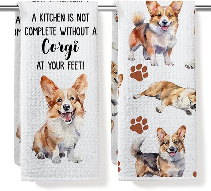 Corgi Waffle Weave Kitchen Towels, Quick Dry Multipurpose Hand Towels for Bathroom, Absorbent Reusable Cloth Tea Dish Towels for Home Decor, Dog Lover Gift Towel Set of 2