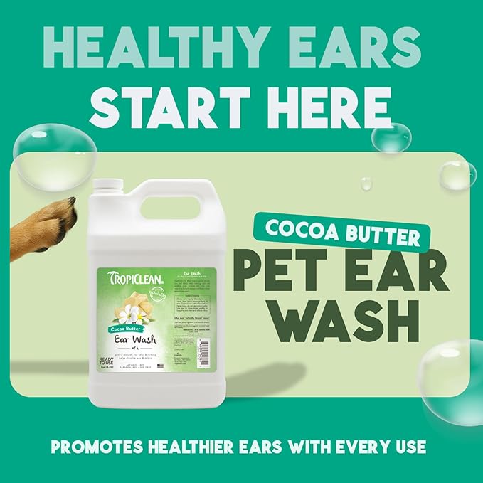 TropiClean Cocoa Butter Ear Wash for Dogs & Cats | Alcohol Free Dog Ear Cleaner Solution | Pet Ear Wash Derived from Natural Ingredients | Made in the USA | 1 Gallon