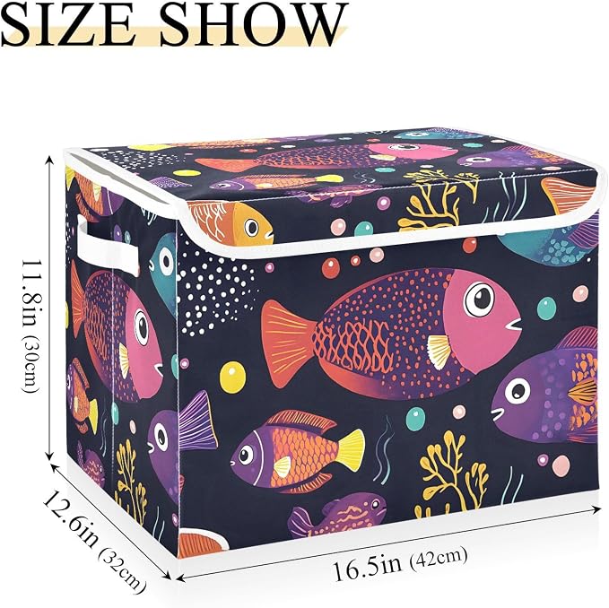 Fish Ocean Storage Bins with Lids Closet Bedroom 40L Storage Basket | Decorative Storage Boxes, Foldable & Stackable, Dust-Proof Flip Top, Reinforced Handles, For Home & Dorm, Clothes & Toy Box