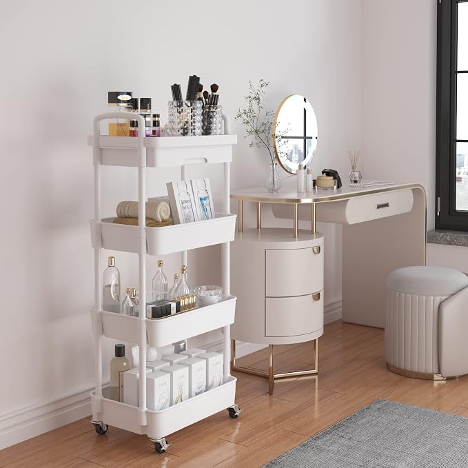 Calmootey 4-Tier Utility Cart with Drawer & Wheels, Storage for Home,Office | Space-Saving Organizer, Sturdy Plastic Shelves, Smooth-Rolling Metal Wheels, Built-in Drawer for Small Items, White