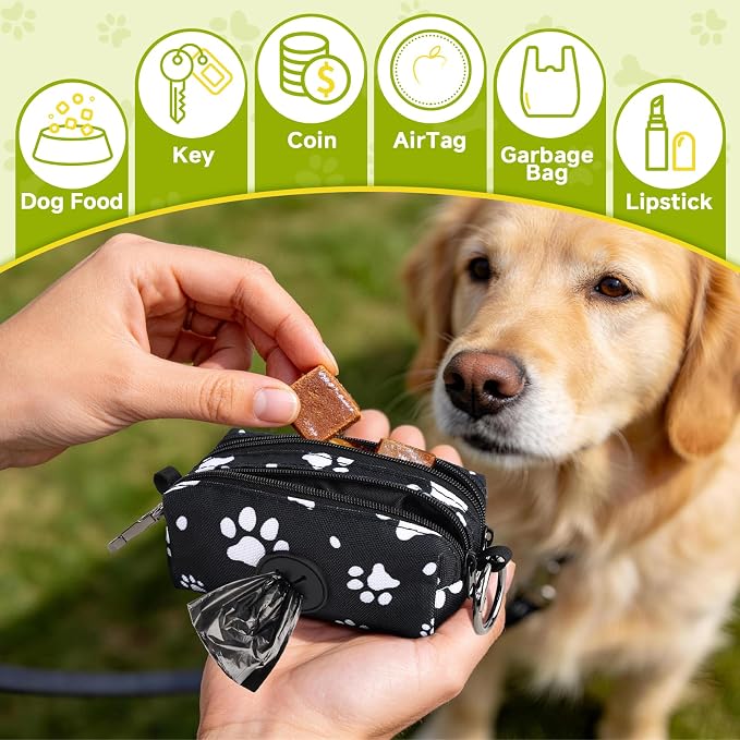 Dog Poop Bag Holder for Leashes 2 Zipper Pockets Black 1 Pack