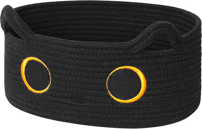Cute Cat Toy Basket, Small Cotton Rope Toy Bin Box for Cats, Woven Organizer with Embroidered Face, Decorative Storage for Shelf, Desktop, Indoor Pet Bed, Halloween Basket Decor, Black
