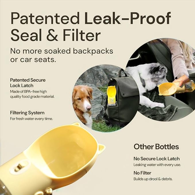 Dog Water Bottle Dispenser 380ml – Leak-Proof Lock, One-Hand Operation | Portable Pet Travel Water Bottle with Built-in Bowl | Pink