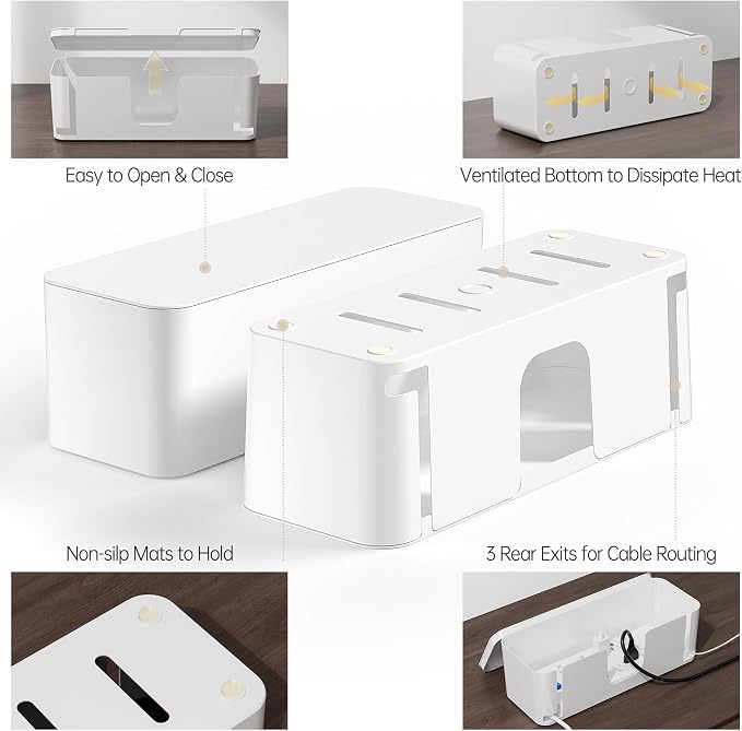 YECAYE Cable Management Box, White, XL+M, 2 Pack | Pet Friendly;Child-Proof; Power Strip Protector;For Home & Office;Cord Organizer Box;Wire Hider and Cord Organizer for Desk